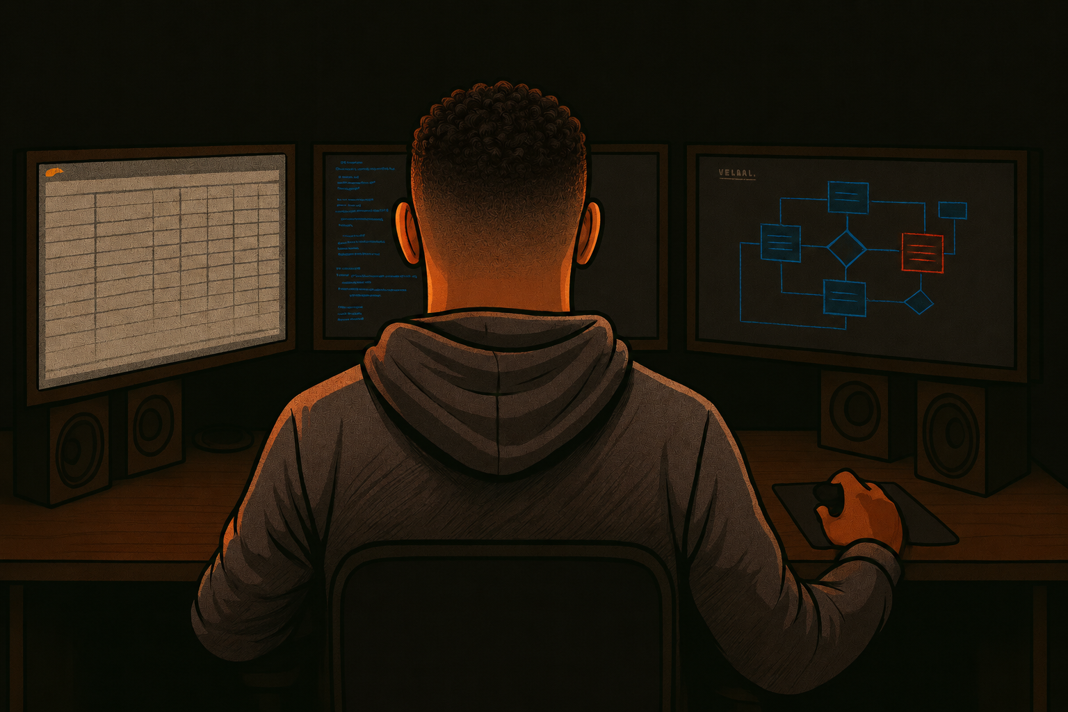 Illustration of Reginald at a three-monitor workstation, with code and workflow diagrams on the screens.